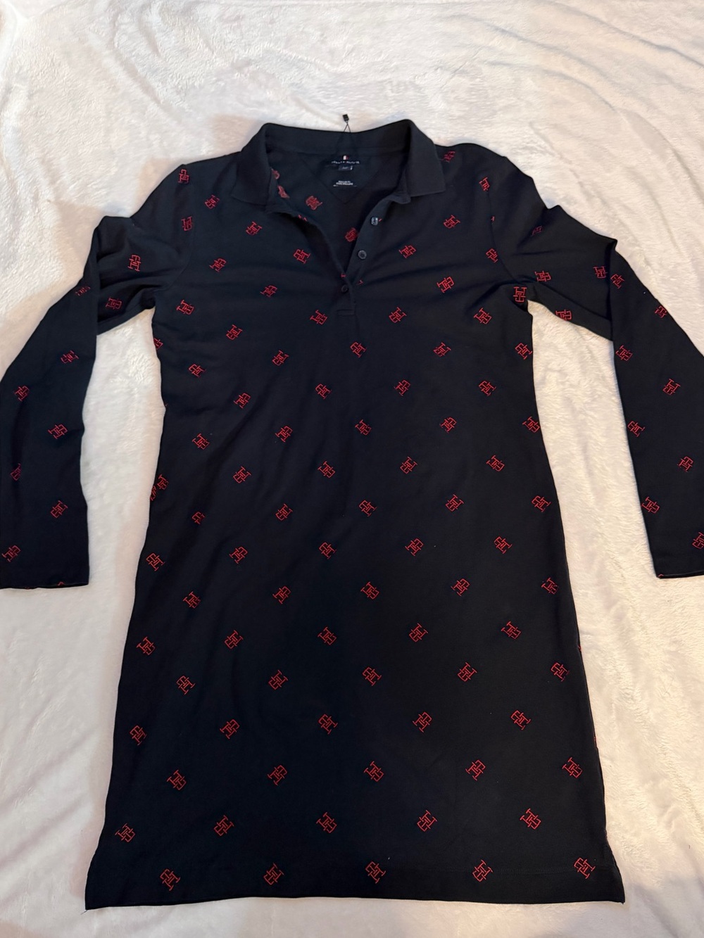 Tommy Hilfiger Black Long-Sleeve Polo Dress with Red Logo Pattern